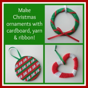 Make Christmas Ornaments with: cardboard, yarn & ribbon