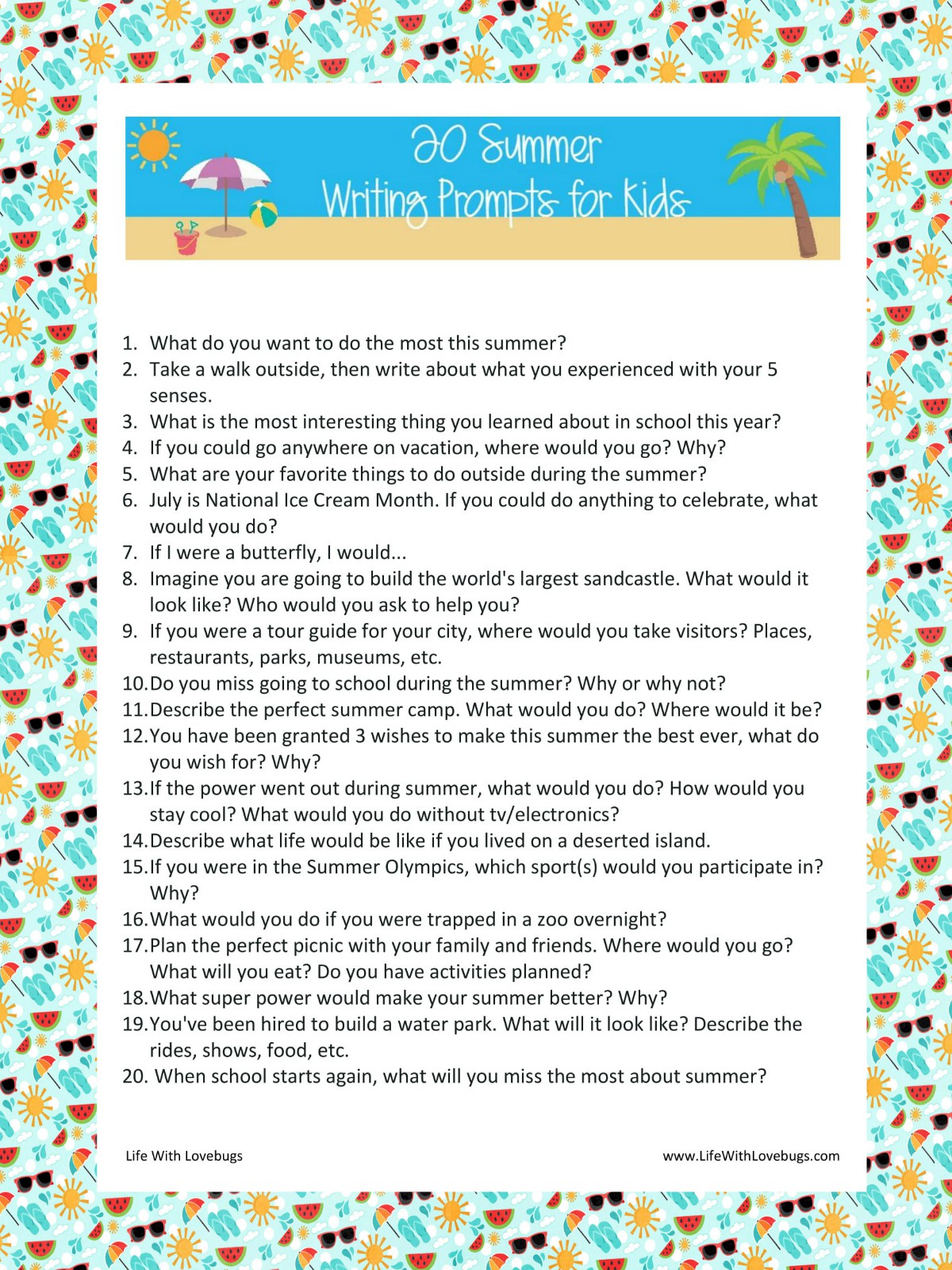 20 Summer Writing Prompts For Kids Life With Lovebugs